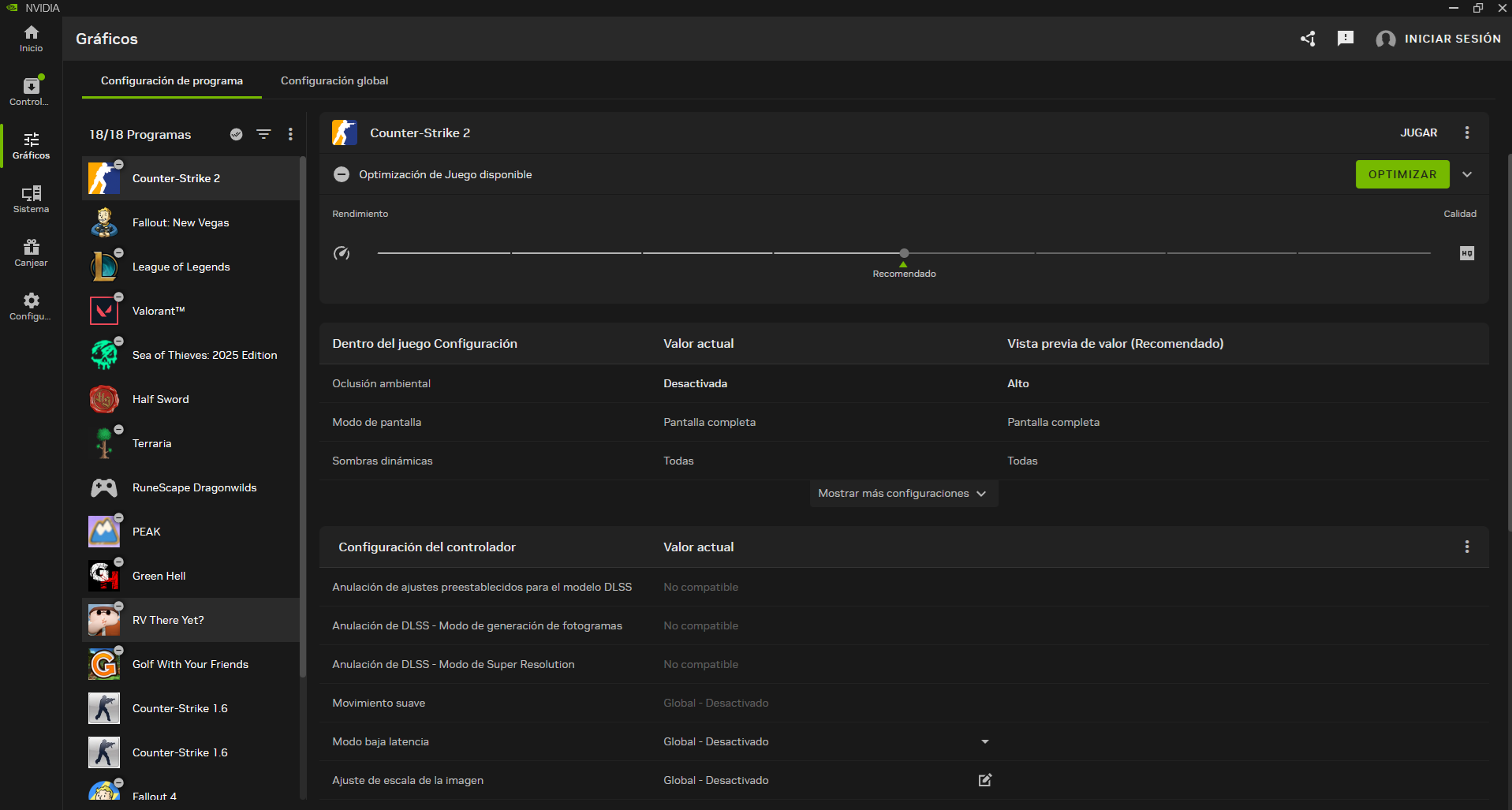 Perfil específico de un juego en NVIDIA